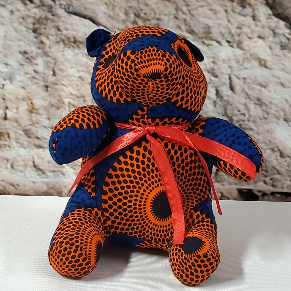 African Print Teddy Bear with Red Ribbon